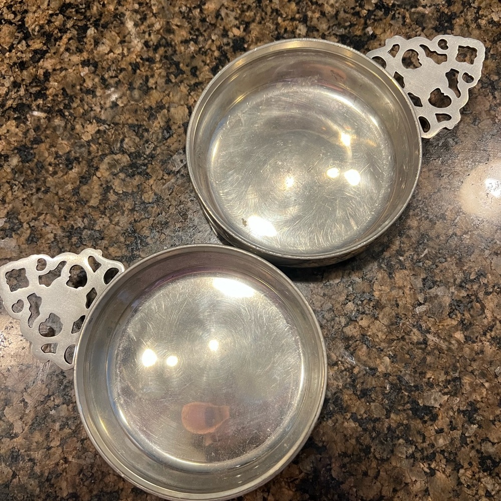 Elegant Silver Metal Bowls with Decorative Handles